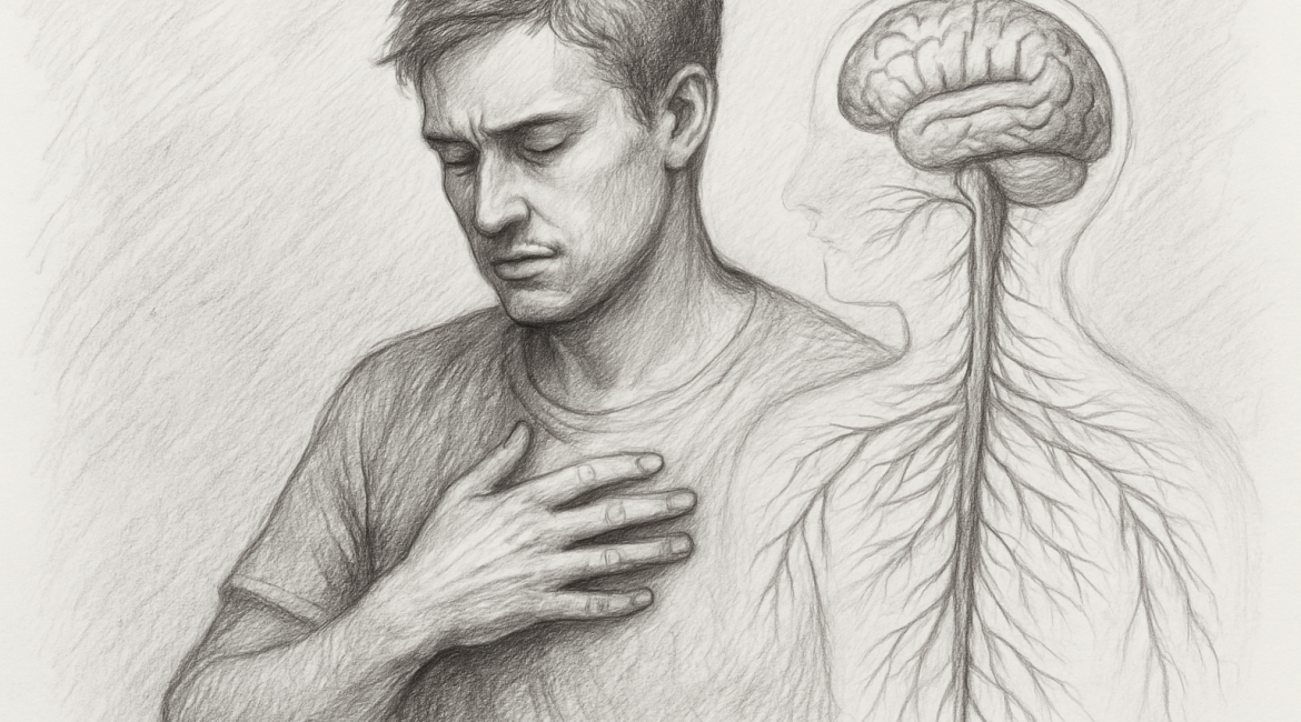 Befriending Your Body’s Defense System 1 Sketch of a man with his hand over his heart, eyes closed in reflection, beside an anatomical drawing of the human nervous system — symbolizing trauma, protection, and healing