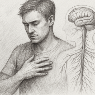 Sketch of a man with his hand over his heart, eyes closed in reflection, beside an anatomical drawing of the human nervous system — symbolizing trauma, protection, and healing