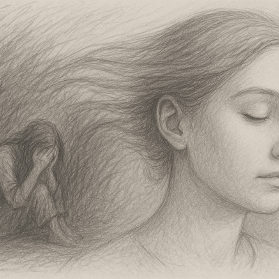 Illustration of a woman sits peacefully with eyes closed as waves of emotional chaos flow behind her—symbolizing trauma transforming silently within.