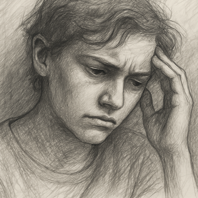 A pencil sketch of a young person in deep thought, resting their head on one hand, with a somber expression and soft shading highlighting emotional depth.