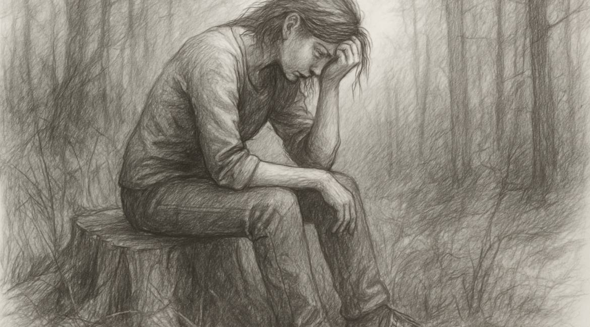 A tired woman sitting alone on a tree stump in a quiet forest, symbolizing the exhaustion and isolation of solo healing
