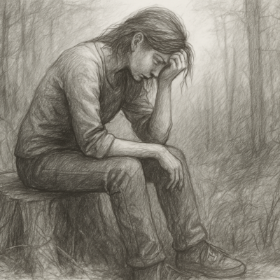 You Weren’t Meant to Do This Alone 8 A tired woman sitting alone on a tree stump in a quiet forest, symbolizing the exhaustion and isolation of solo healing