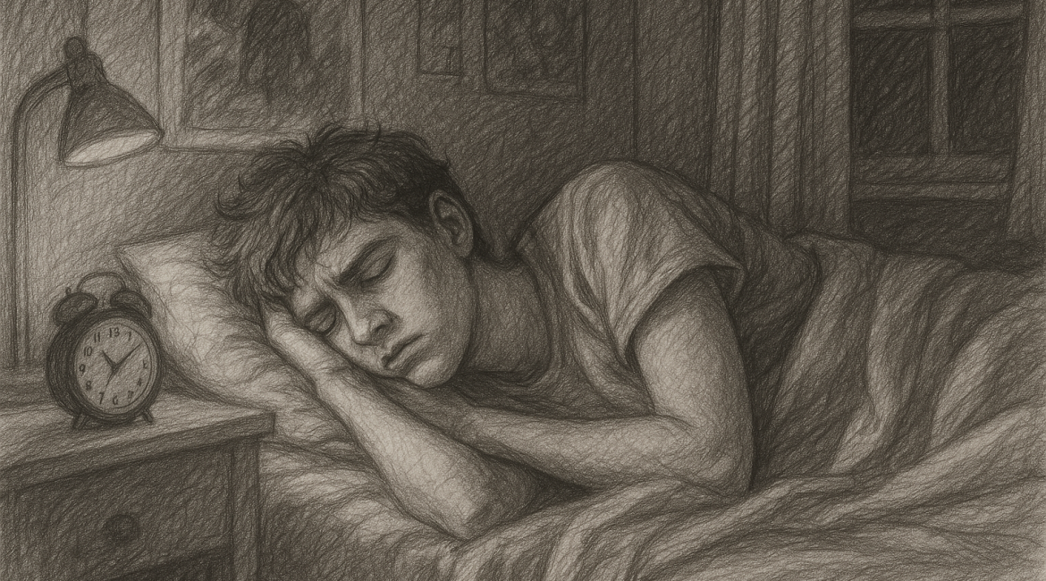 Sketch of a teenage boy sleeping in a dimly lit bedroom at 2 AM, conveying a sense of quiet emotional weight.