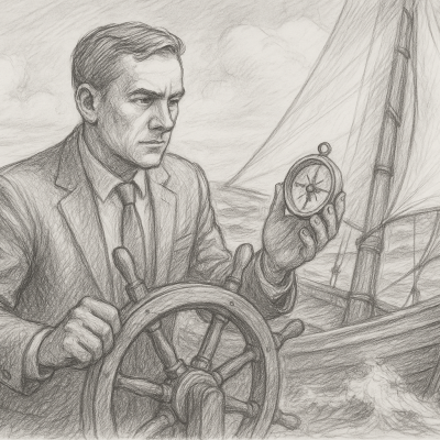 Pencil sketch of a focused businessman steering a sailboat while holding a compass, symbolizing leadership and strategic direction in uncertain times.
