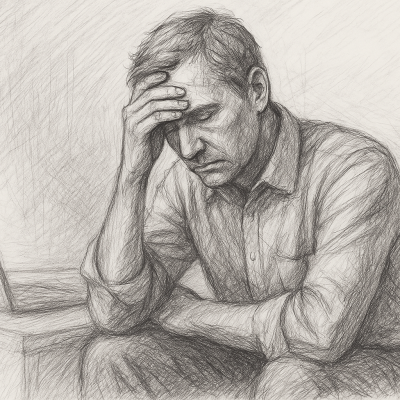 Sketch of a man sitting in deep sorrow, head in hand, symbolizing the grief and identity loss that comes with losing a job.