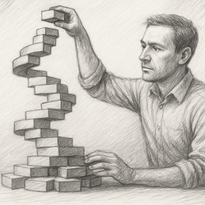 Illustration of a human stacking empathy, clarity, and presence.