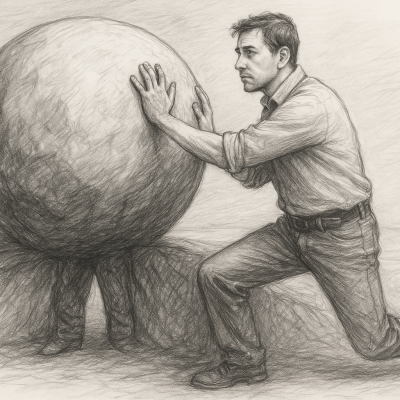 Redefining “Stuck”: How to See the Middle as Momentum 5 A pencil sketch of a man pushing a large boulder with intense focus.