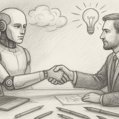 A businessman and a humanoid robot shaking hands across a desk, symbolizing strategic collaboration in the AI era.
