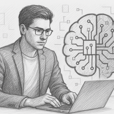 The Rise of the Generative AI Marketer: Role, Skills, and Strategic Power 6 Sketch of a generative AI marketer on a laptop with an AI brain in the background.
