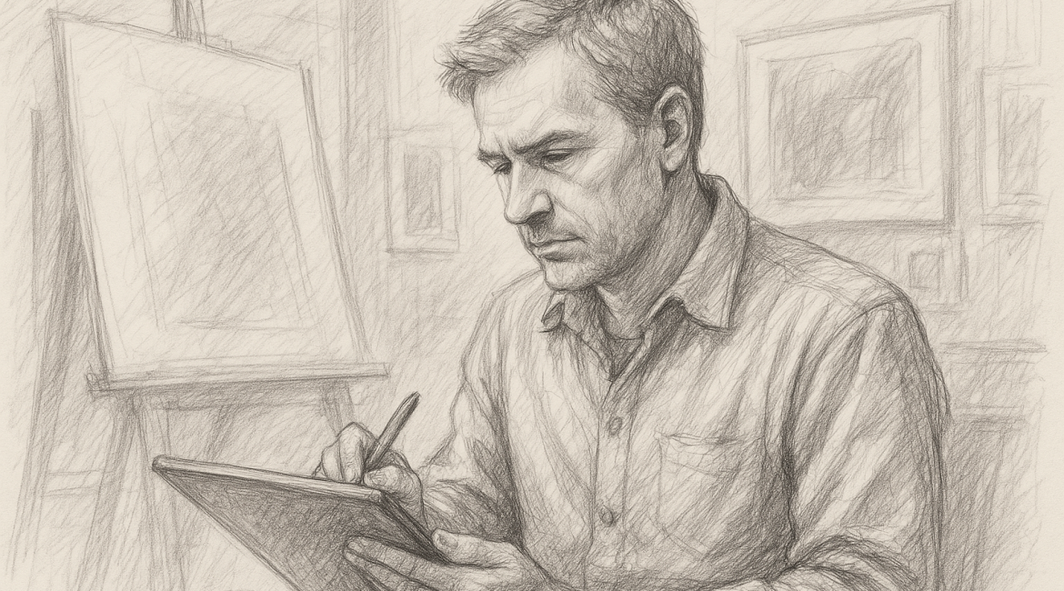 A pencil sketch of a focused man using a digital tablet, seated in a creative studio with framed artwork and an easel in the background.