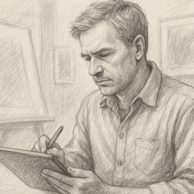 From Maker to Curator: How Generative AI Is Redefining Creative Work 5 A pencil sketch of a focused man using a digital tablet, seated in a creative studio with framed artwork and an easel in the background.