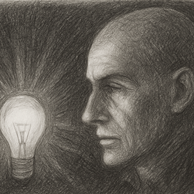 Man in profile gazing at a glowing bulb, symbolizing AI revealing hidden marketing insights.