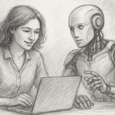 A pencil sketch of a woman and a humanoid robot working side by side at a laptop, symbolizing creative collaboration and trust between humans and AI in modern marketing campaigns.