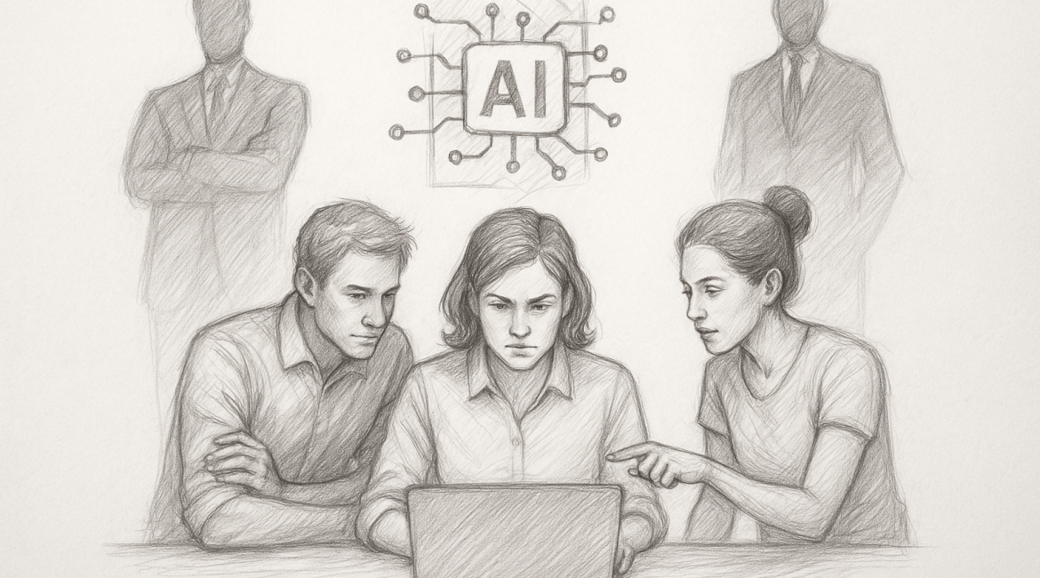 How Lean Teams Are Outperforming Giants Using Generative AI 1 A pencil sketch shows a focused three-person marketing team collaborating around a laptop, symbolizing how lean teams use AI tools to rival larger corporate groups.