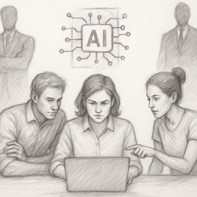 A pencil sketch shows a focused three-person marketing team collaborating around a laptop, symbolizing how lean teams use AI tools to rival larger corporate groups.
