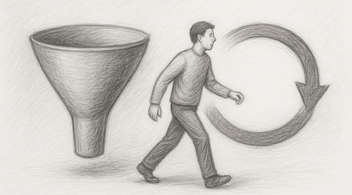 From Funnels to Loops: Designing AI-Driven Customer Journeys 1 Sketch of a person breaking free from a funnel.
