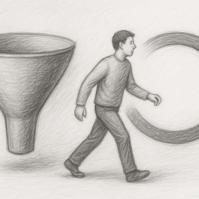 Sketch of a person breaking free from a funnel.
