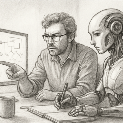 Training the Machine: How Marketers Can Teach AI to Think Like Them 8 A pencil sketch showing a marketer mentoring a humanoid robot at a desk, symbolizing how AI can be trained to adopt human brand voice and strategy through feedback and collaboration.