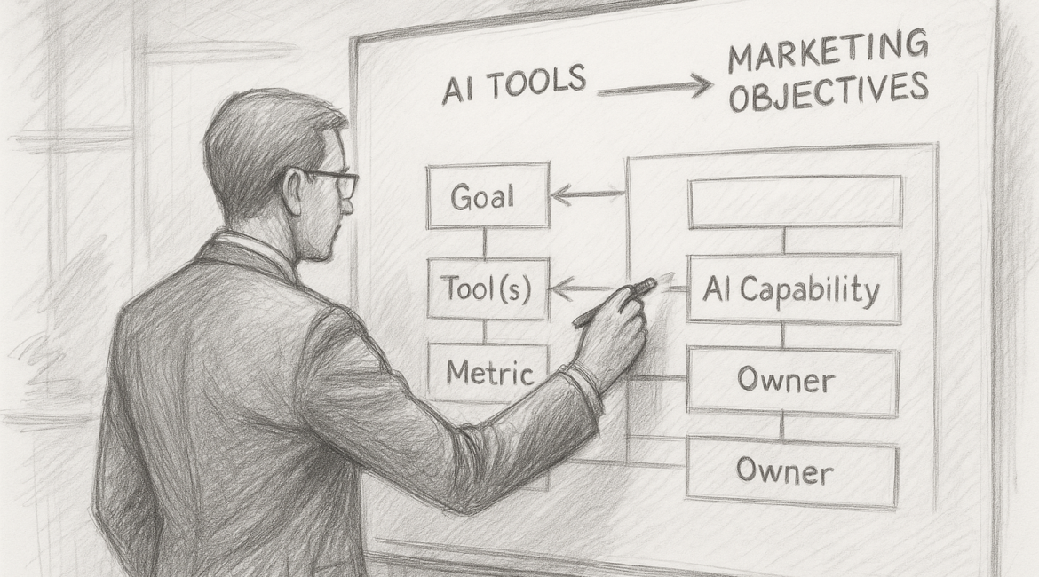 Pencil sketches of a professional at a whiteboard mapping out AI-driven marketing strategy.