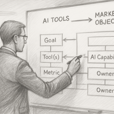 The Strategic Stack: Aligning AI Tools With Marketing Objectives 7 Pencil sketches of a professional at a whiteboard mapping out AI-driven marketing strategy.