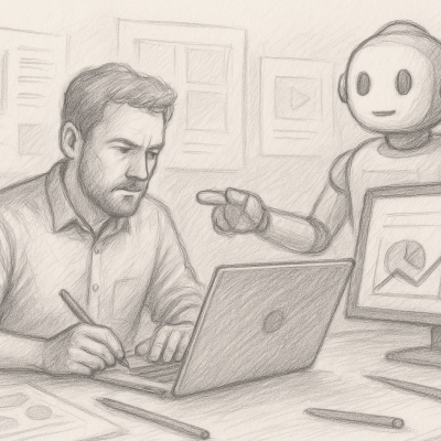 The 10x Testing Method: Accelerate Creative Optimization With AI 5 Pencil sketch of a marketer and AI optimizing creative content in real time.