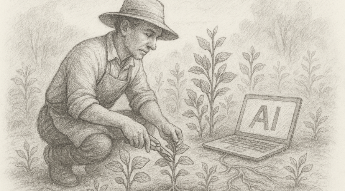 Tending the Stack: How to Grow a Healthy AI-Powered Marketing System 1 Pencil sketch of a gardener pruning plants whose roots connect to an open laptop marked "AI," symbolizing the strategic cultivation of an AI-powered martech stack as described in the blog.