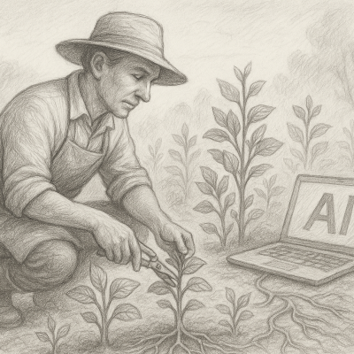 Pencil sketch of a gardener pruning plants whose roots connect to an open laptop marked "AI," symbolizing the strategic cultivation of an AI-powered martech stack as described in the blog.