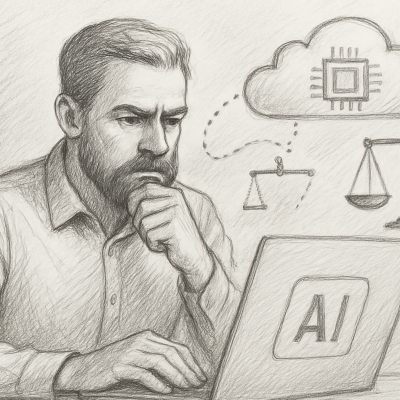Illustration of a man at a laptop with AI, ethics, and trust symbols.