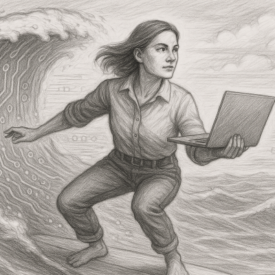 Pencil sketch of a confident woman surfing a digital wave while holding a laptop—symbolizing marketers mastering AI tools to elevate creativity and thrive in the evolving tech-driven landscape.