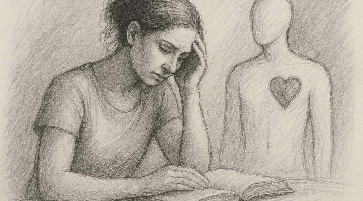 The sketch shows a woman deeply focused on a book, one hand on her forehead, symbolizing emotional processing.