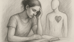 The sketch shows a woman deeply focused on a book, one hand on her forehead, symbolizing emotional processing.