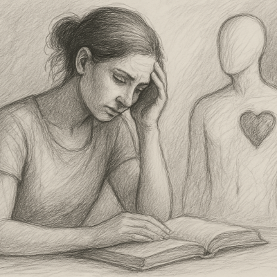 From Awareness to Action: What to Do After Reading The Body Keeps the Score 3 The sketch shows a woman deeply focused on a book, one hand on her forehead, symbolizing emotional processing.