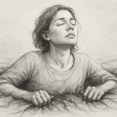 When You’re Done Managing — and Ready to Transform 2 A woman emerges from the ground, eyes closed in calm release — symbolizing the self-rescue and transformation described in EMDR therapy.