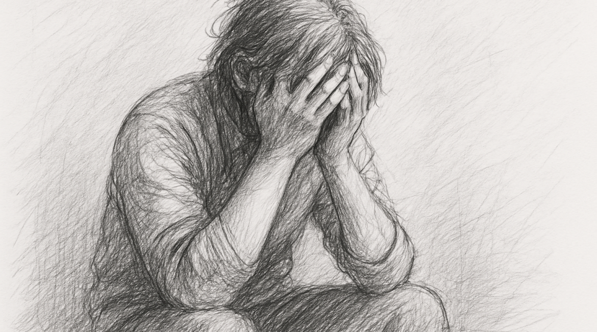 When You’ve Tried Everything and Still Feel Broken 1 A pencil sketch of a distressed figure, head in hands, surrounded by cracks—symbolizing the hidden layers of trauma and the turning point toward healing.