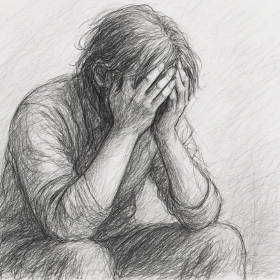 When You’ve Tried Everything and Still Feel Broken 1 A pencil sketch of a distressed figure, head in hands, surrounded by cracks—symbolizing the hidden layers of trauma and the turning point toward healing.