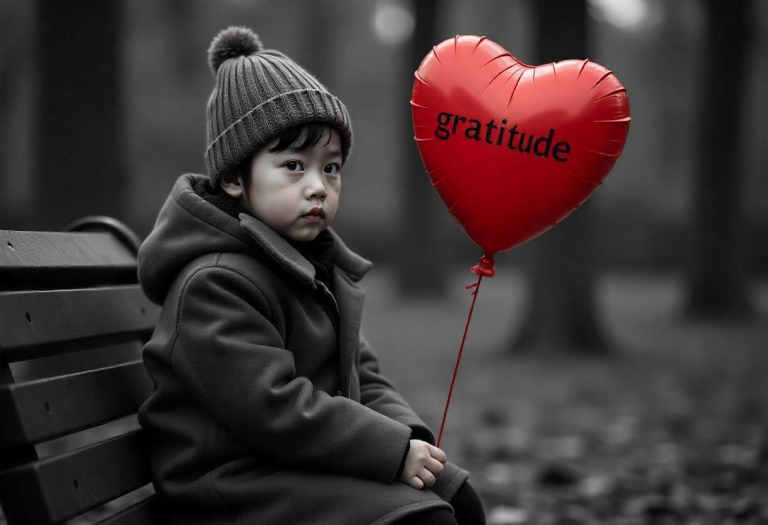 A child holds a balloon labeled 'gratitude,' while shadows of old wounds pull gently at their sleeve.