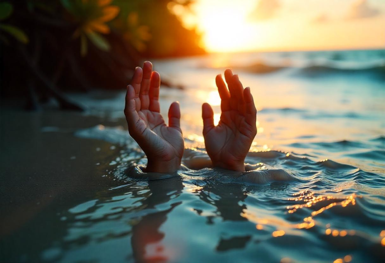 An image of a hand reaching up from the water, symbolizing the process of digging deep into emotional pain to unearth growth.
