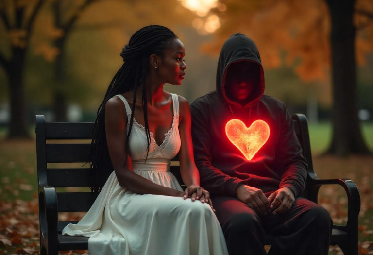 A pensive woman and faceless figure with a heart, representing trauma integration.