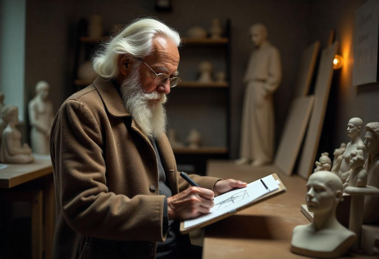 Man sketching on a tablet in an art studio.