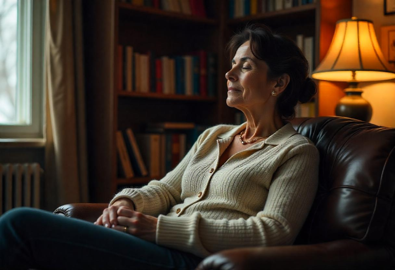 A woman sits on a therapist’s couch, eyes closed, calm replacing the storm in her mind.