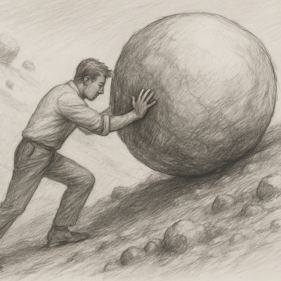 A man pushes a boulder uphill, symbolizing how small AI wins spark momentum and drive lasting transformation.