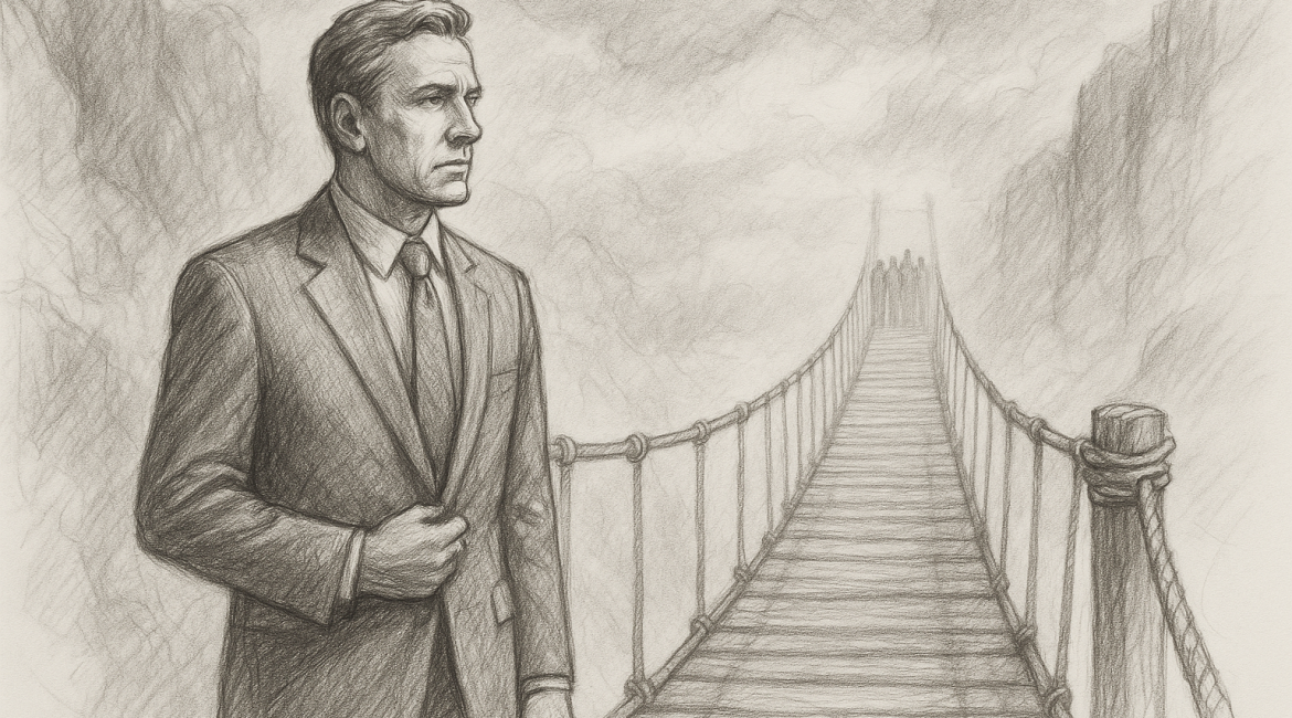 Illustration of a business leader standing before a fog-covered rope bridge, symbolizing the courage needed to cross into the era of AI leadership.