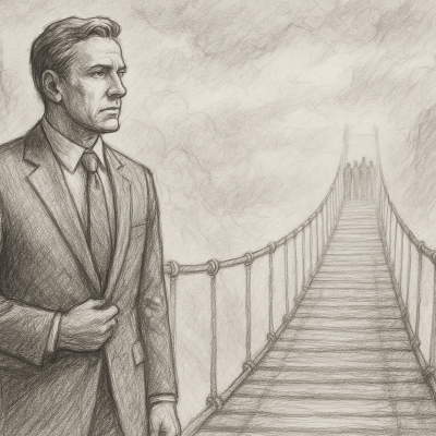 Illustration of a business leader standing before a fog-covered rope bridge, symbolizing the courage needed to cross into the era of AI leadership.