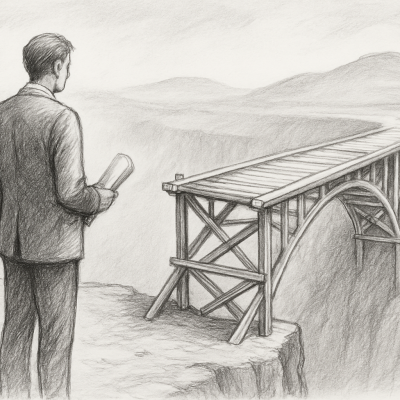 A businessman standing at the edge of a canyon, facing an unfinished bridge symbolizing the gap between AI innovation and real business value.
