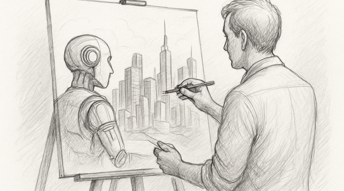 A pencil sketch of a man painting a futuristic city and humanoid robot, symbolizing intentional leadership in shaping the future of AI.