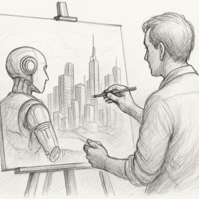 A pencil sketch of a man painting a futuristic city and humanoid robot, symbolizing intentional leadership in shaping the future of AI.