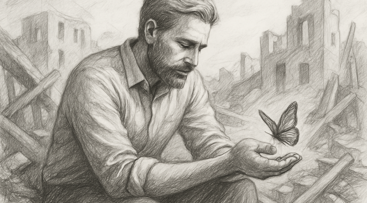 The Beautiful Collapse: Why Loss Can Lead to Meaning 1 A man sits in quiet reflection among ruins, holding a butterfly in his palm—symbolizing how collapse can lead to clarity, growth, and the rediscovery of purpose.