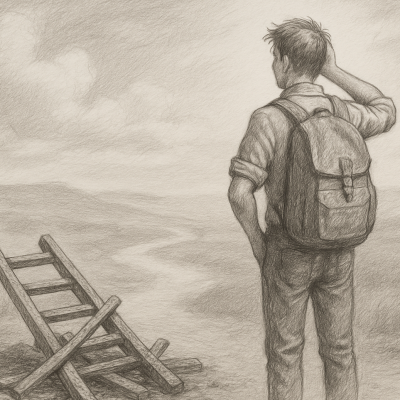 A student with a backpack standing before a broken ladder, gazing at a winding path—symbolizing the collapse of traditional career paths and the search for new direction.