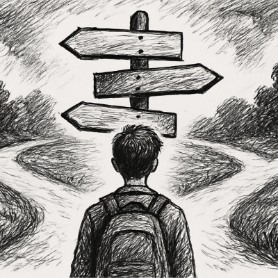 Why Traditional Career Advice Could Be Hurting Your Students 5 A student stands at a crossroads, symbolizing the confusion and complexity of modern career choices in a world where traditional guidance no longer fits.