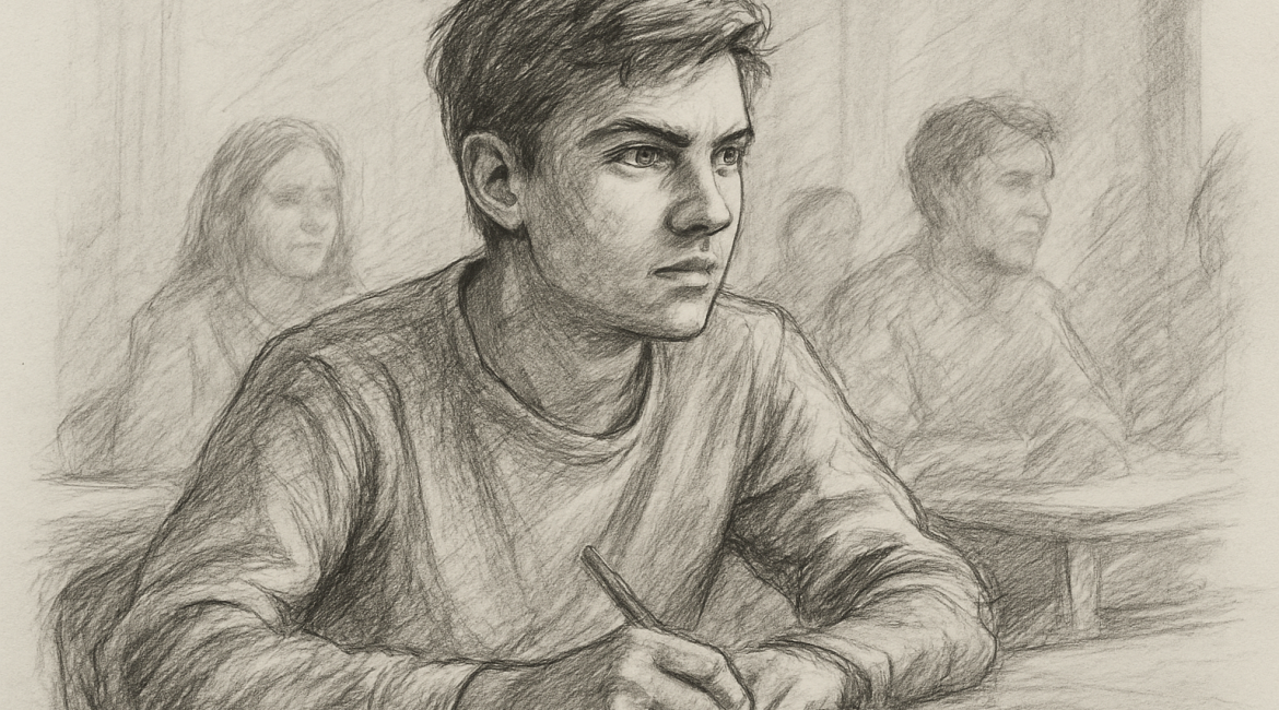 The Hidden Message in Student Silence: What They’re Waiting for You to Admit 1 A pencil sketch of a student silently observing in class, capturing the quiet intensity and reflective pause.